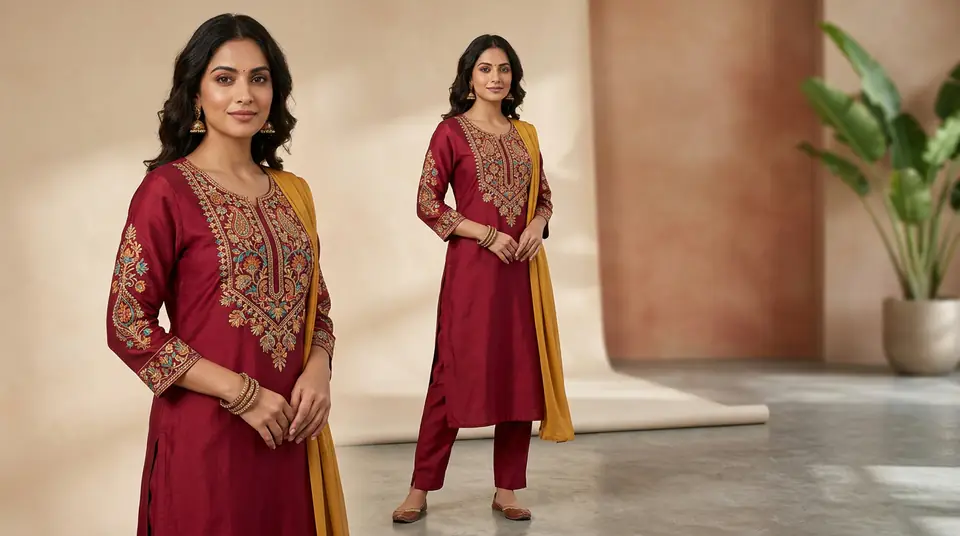 AI-generated image of a confident Indian model wearing a vibrant kurti set, showcasing professional, catalogue-quality Meesho reseller photography