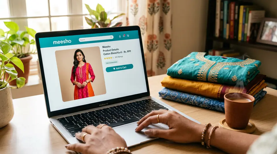 A successful Meesho reseller uses DrapifyApp on her laptop to create professional catalogue photography for her kurtis.