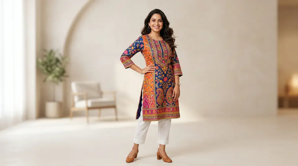 Indian woman modeling a vibrant kurti, against a clean, professional studio background, for a Meesho catalogue photo.