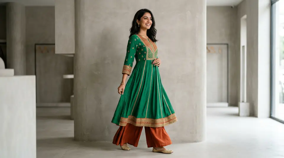 Confident Indian woman modeling a vibrant kurti set, symbolizing success for Meesho suppliers through professional AI fashion photography.
