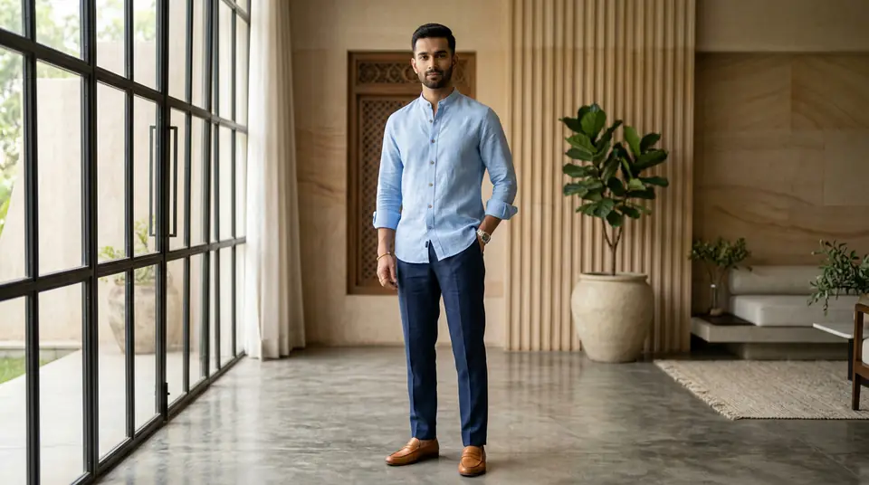 Indian male model wearing a premium light blue linen shirt against a modern Indian architectural background, representing high-quality mens shirt catalogue photography.