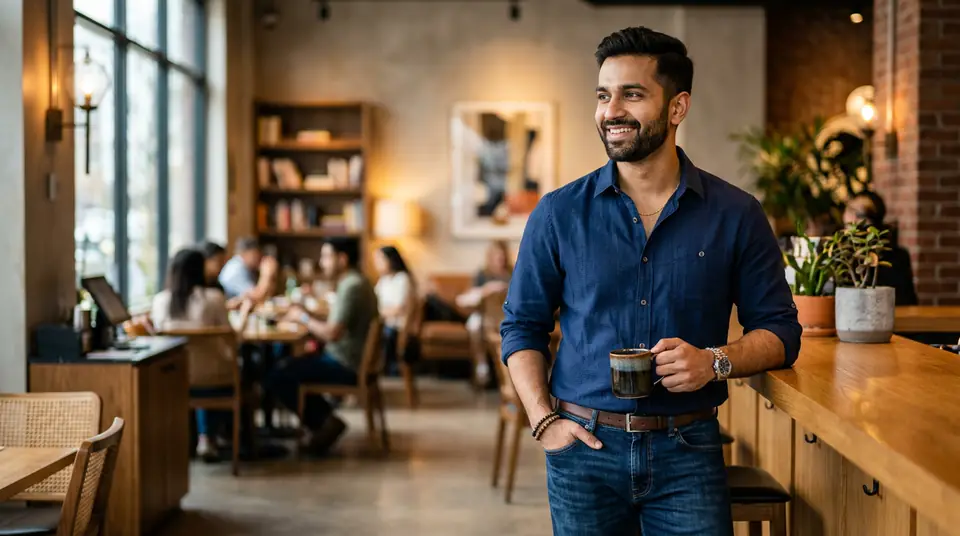 A stylish Indian man in a premium casual shirt, embodying modern fashion with sharp catalogue photography