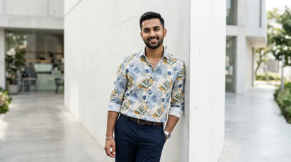 Modern Indian man wearing a stylish printed shirt, looking confident against an urban backdrop, representing high-quality mens shirt catalogue photography.