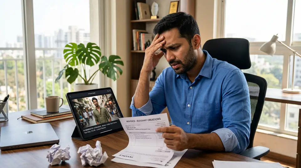 Stressed Indian entrepreneur with a crumpled photoshoot invoice looking at a high-quality AI-generated men's shirt catalogue on a tablet, symbolizing a solution to high photography costs.