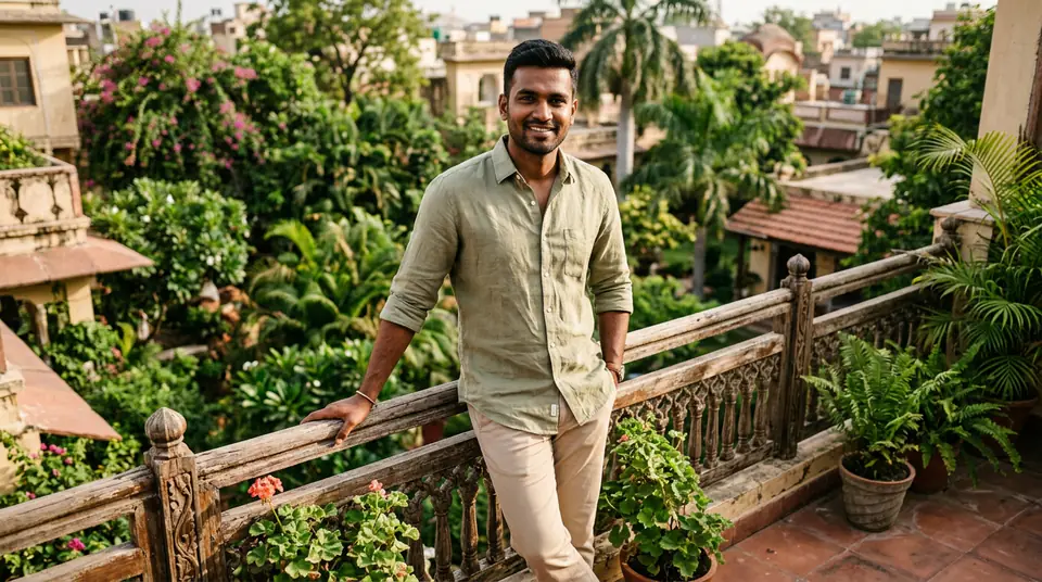 Stylish Indian man in a well-fitted linen shirt on a Jaipur balcony, showcasing men's shirt fashion photography