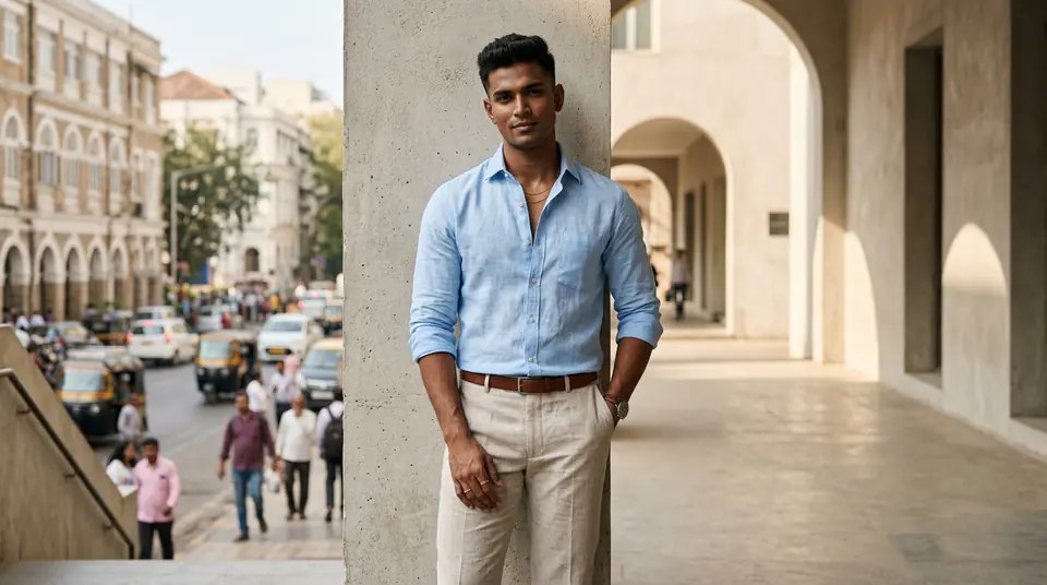 Confident Indian male model in a light blue linen shirt against a modern urban backdrop, representing a successful DTC brand.