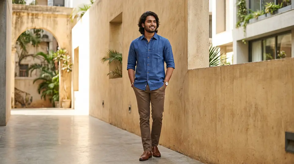 Stylish Indian man in a modern casual shirt, showcasing product photography for DTC brands.
