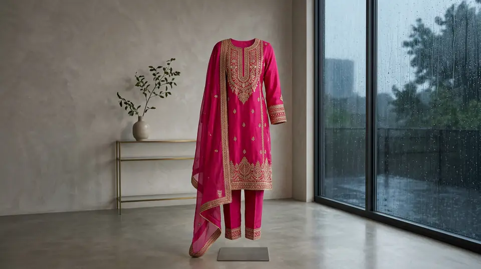 Vibrant Indian kurti set photographed in a high-end virtual studio, with rain subtly visible outside, representing weather-independent fashion photography.