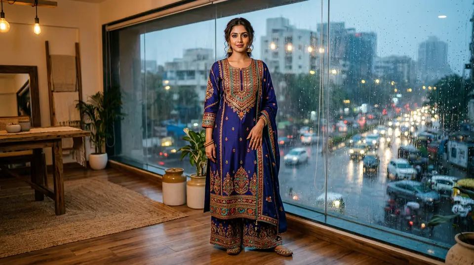 Indian model confidently showcasing a vibrant kurti set in a perfectly lit indoor studio, with heavy monsoon rain visible through a window in the background, symbolizing weather-independent fashion photography.