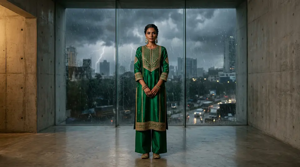 Indian model in a modern studio wearing a kurti set while a monsoon storm rages outside, symbolizing weather-proof photoshoots.
