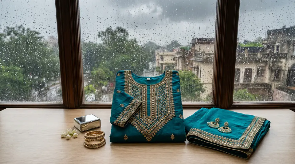 A vibrant kurti set impeccably styled indoors, with a rainy monsoon backdrop blurred outside a window, symbolizing weather-independent fashion photography.