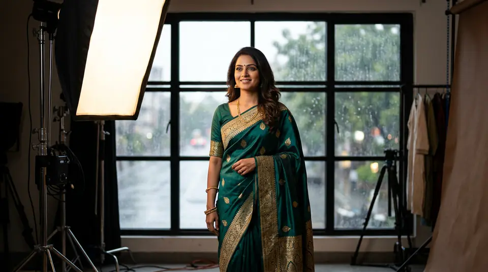 Indian fashion model posing in a modern indoor studio, symbolizing weather-independent photoshoot solutions for fashion brands.