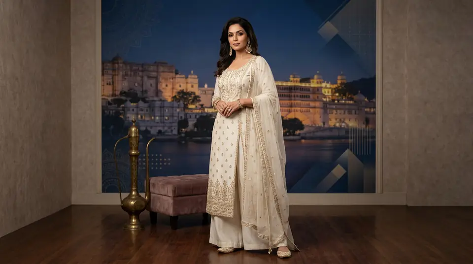 Woman in contemporary Indian ethnic wear captured in a weather-independent AI fashion photoshoot studio, showcasing high-quality digital photography for online catalogues.