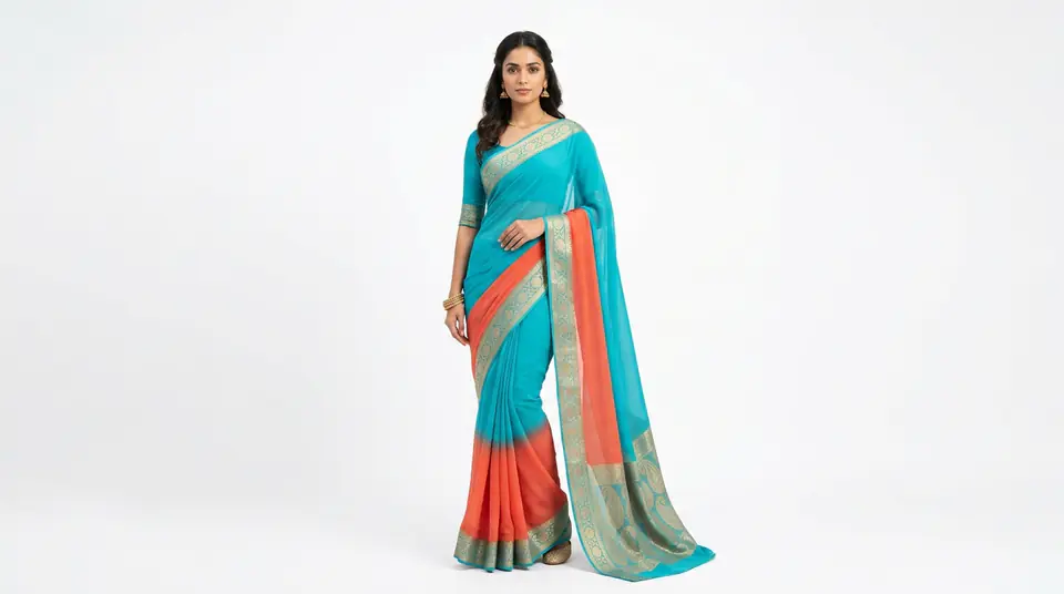An AI-generated image of an Indian model showcasing a vibrant georgette saree, perfectly draped against a pure white background, compliant with Myntra's strict image guidelines.
