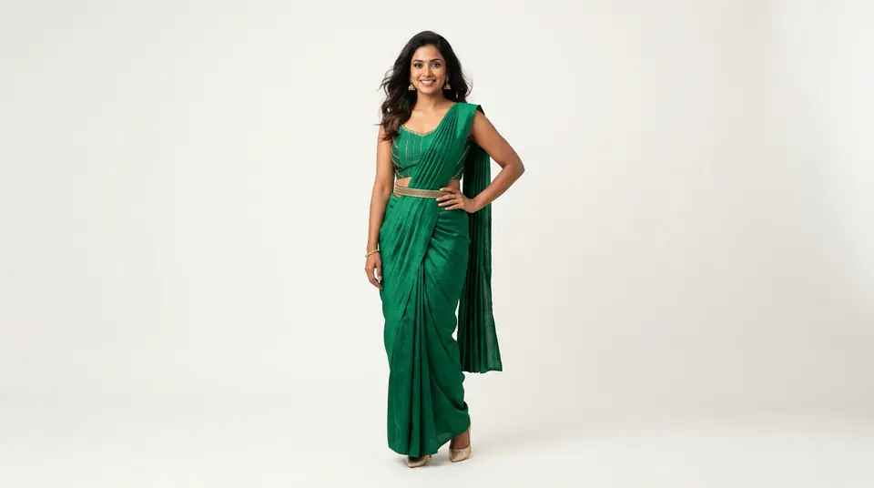 Confident Indian woman in an emerald green co-ord set, professionally photographed on a white background, representing successful Myntra listing optimization.