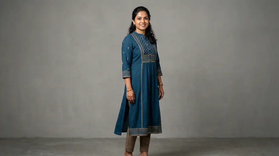 Indian woman confidently posing in a vibrant kurti, perfect for an optimized Myntra listing photo.
