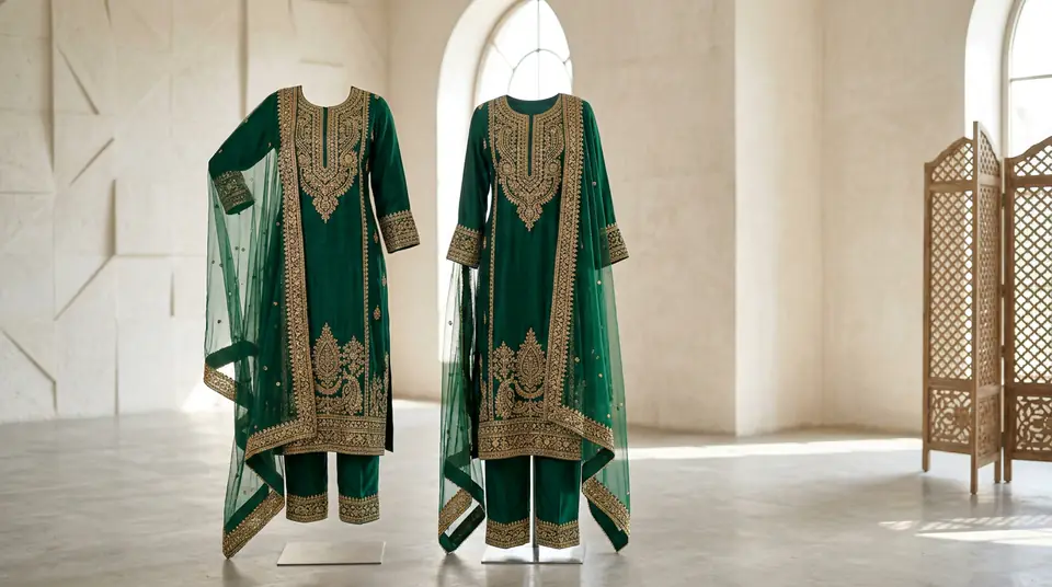 Stunning emerald green kurti set, AI-generated against a minimalist architectural background, showcasing intricate details for Myntra listing optimization.