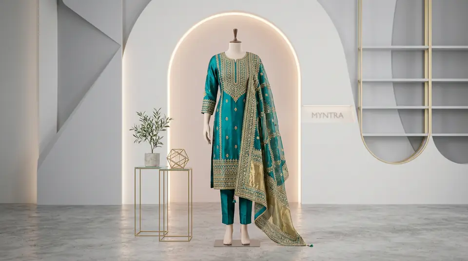 Stunning Indian kurti set perfectly lit and displayed against a clean, modern studio background, ready for Myntra listing optimization