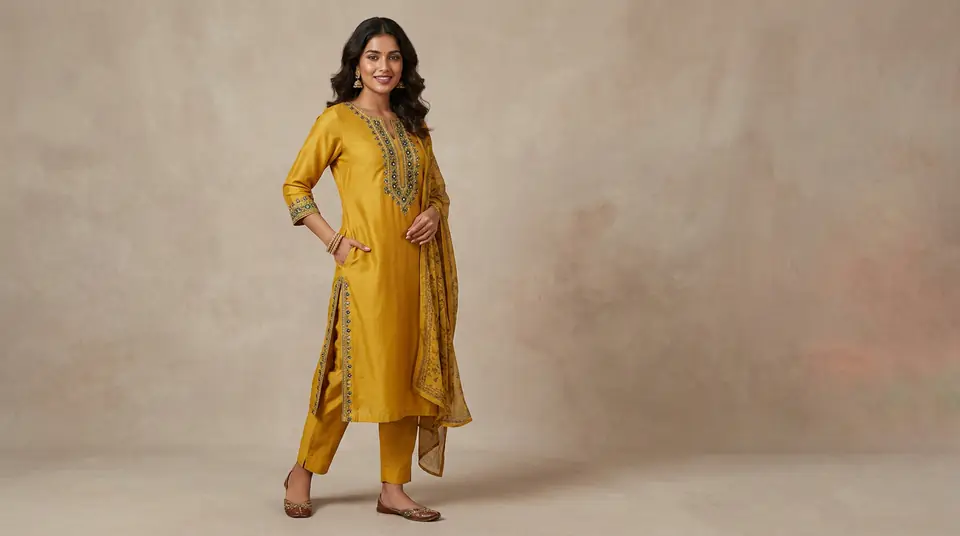 Indian model wearing an elegant kurti set, showcased with professional Myntra listing optimization photography