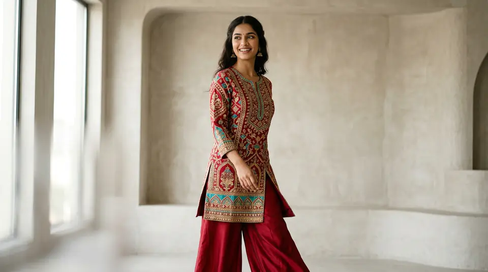 Stunning Indian woman in a vibrant embroidered kurti set, a perfect example of aspirational Myntra listing optimization photography.