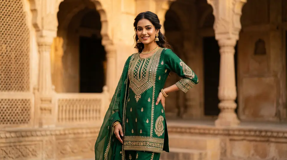 Young Indian woman wearing a stylish kurti set, shot against a warm, sun-drenched traditional Indian haveli backdrop, embodying high-quality fashion product photography for online listings.