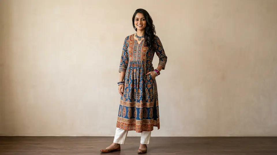 An Indian model wearing a block-print kurti against a neutral studio background, demonstrating a professional on-model catalogue photo.