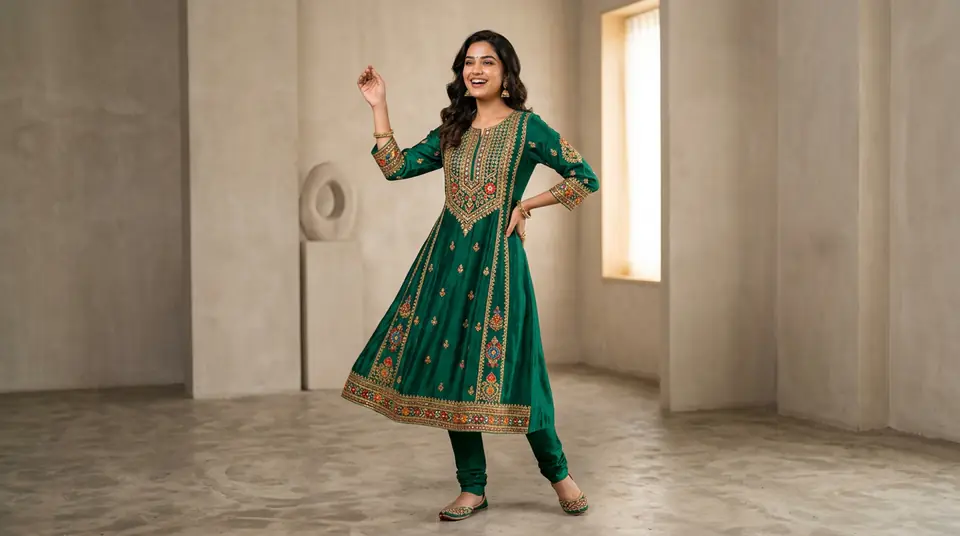 Indian model wearing an embroidered kurti in a modern studio setting, showcasing high-quality fashion photography.