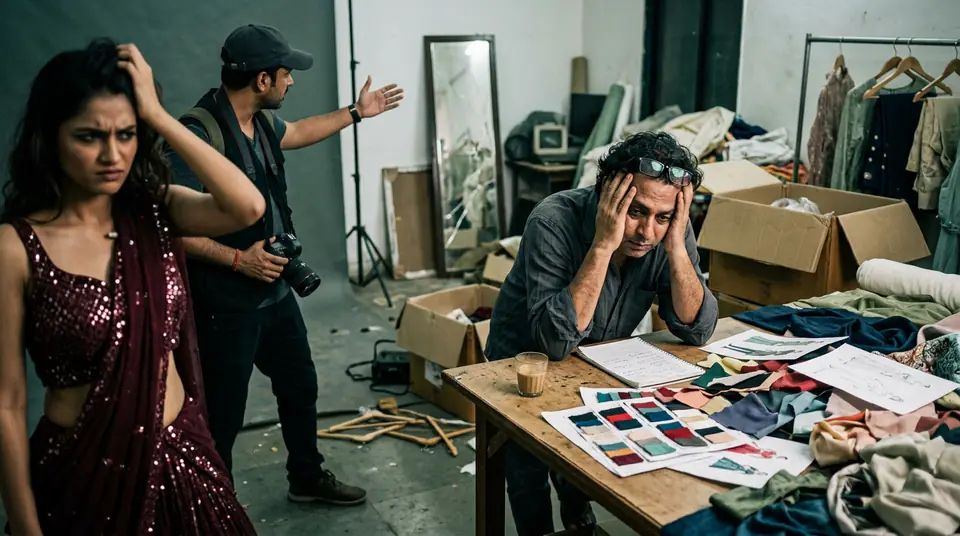 Stressed Indian fashion seller looking at failed product photos in a chaotic studio, highlighting the cost of reshoots and the hidden photoshoot reshoot cost in India.