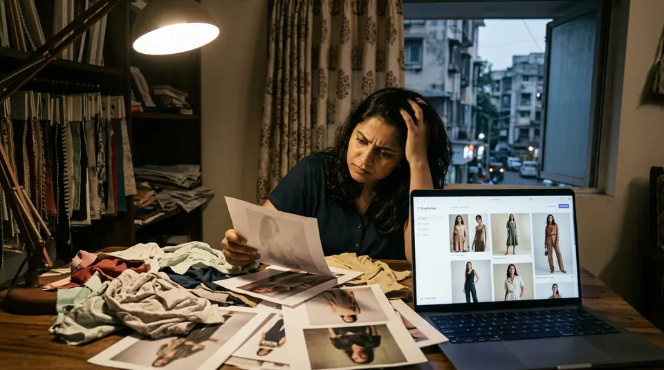 Indian fashion entrepreneur looking stressed surrounded by failed photoshoot prints, while a laptop screen shows high-quality AI-generated product photos.