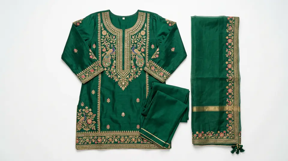 A detailed, perfectly lit product photograph of a premium Indian kurti set on a white background, demonstrating ideal fashion listing photography.