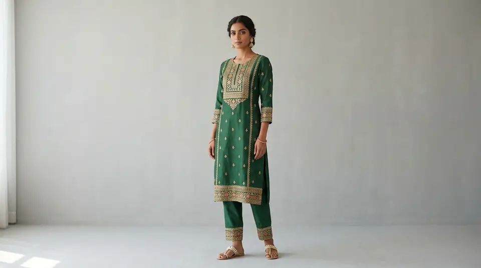 Close-up of a meticulously styled Indian co-ord set on an AI model, showcasing intricate fabric and design for a product listing.