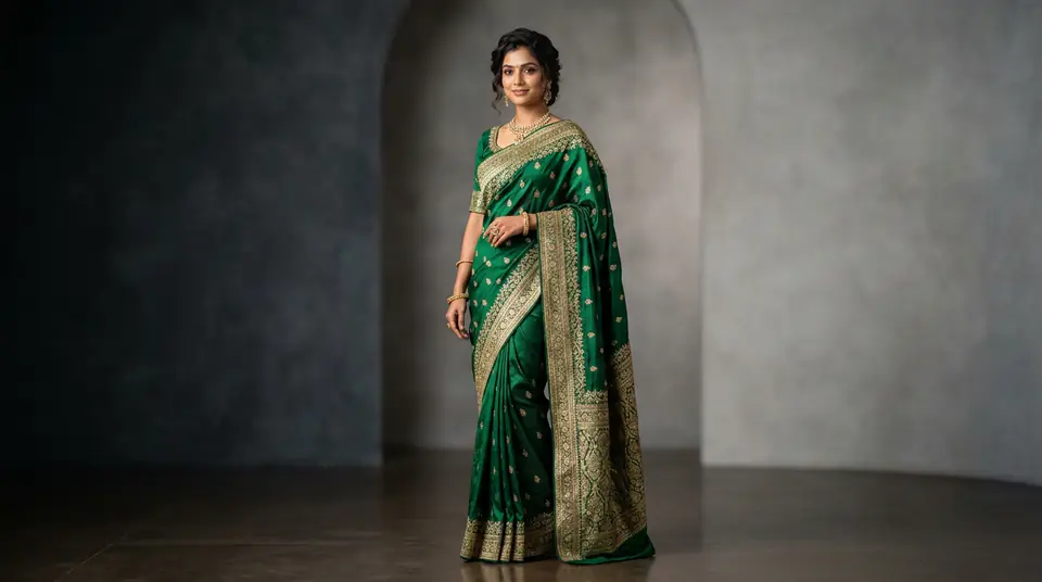 Elegant Indian woman in premium emerald green silk saree, showcasing fine Zari work against a modern studio background for an e-commerce listing.