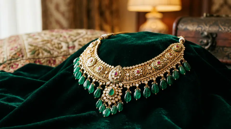 Close-up of a premium gold Kundan necklace with emerald drops, showcasing intricate details and luxurious craftsmanship.