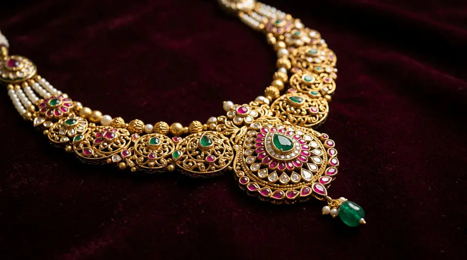 Close-up of a premium Indian gold necklace with emeralds and rubies, shimmering against a luxurious maroon background, showcasing intricate jewelry product photography detail.