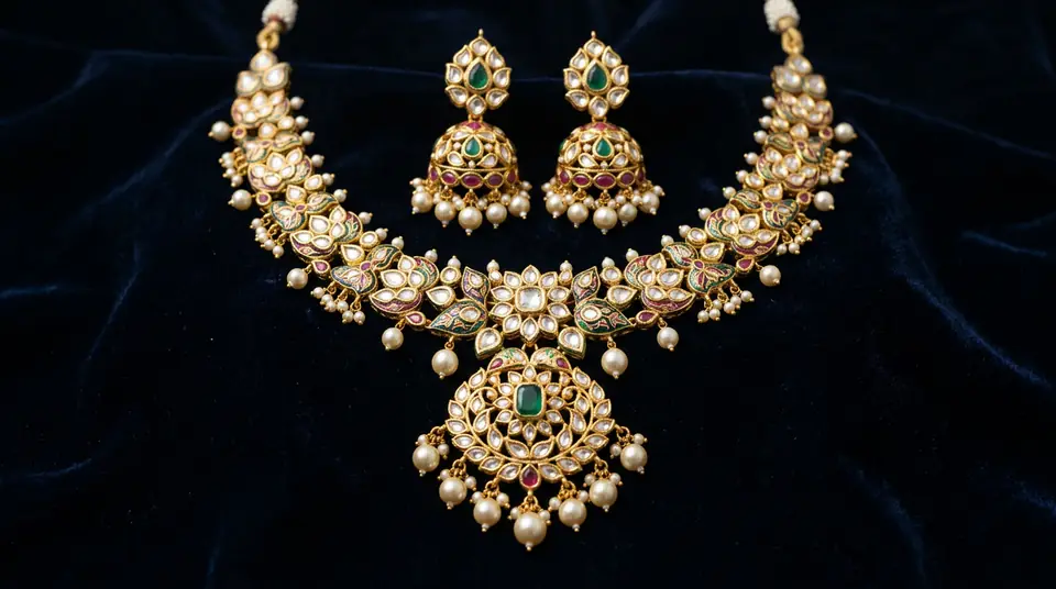 Close-up of a premium Indian kundan necklace and earrings on dark velvet, showcasing intricate details and sparkle, emphasizing high-quality jewelry product photography