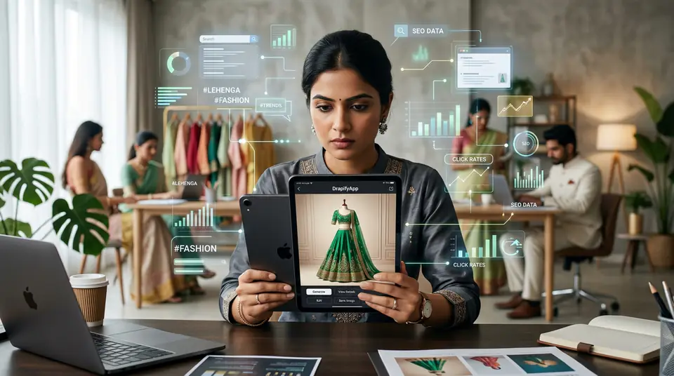 Indian marketing manager optimizing product image SEO for a lehenga on DrapifyApp, focused on boosting visibility and sales.