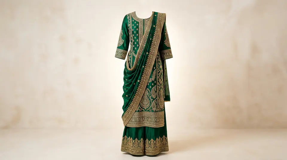Stunning emerald green kurti set with gold embroidery, perfectly lit against a minimalist background, symbolizing optimal product image SEO for Indian fashion brands.