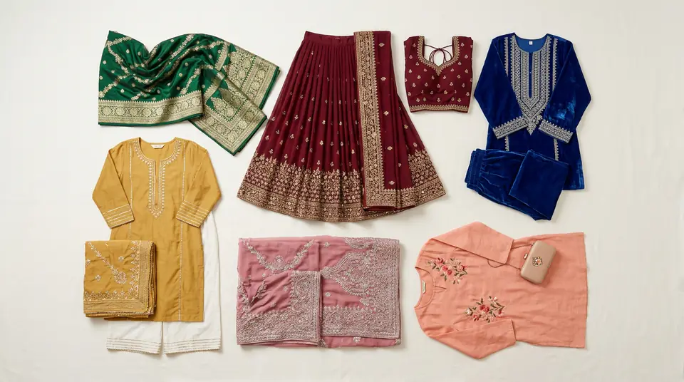 A collection of Indian ethnic wear garments displayed with perfect catalogue consistency on a clean, minimalist background, ready for e-commerce.