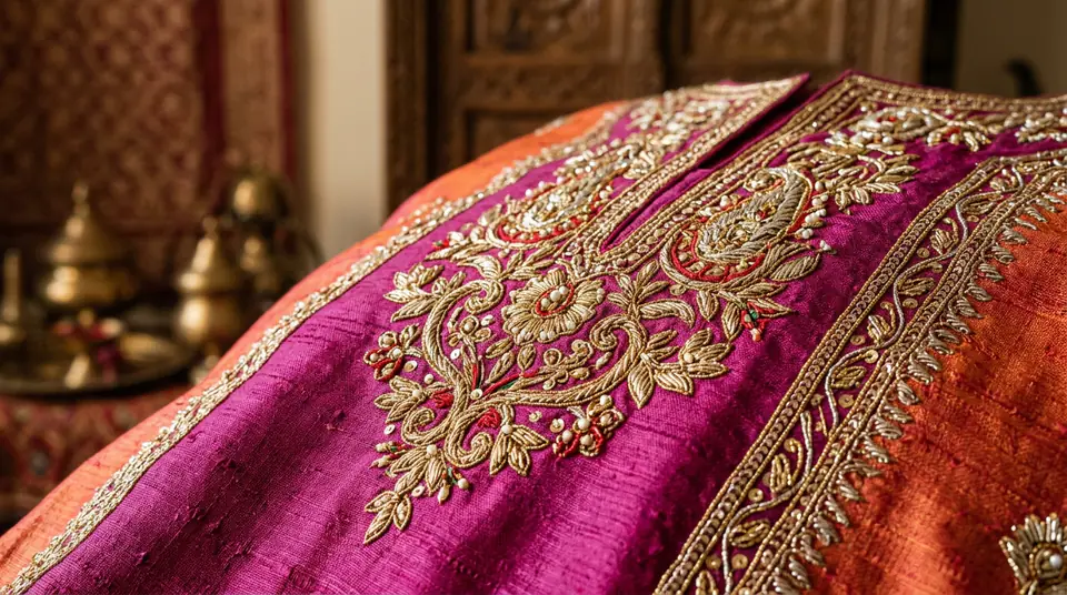 Extremely detailed close-up of an Indian silk kurti, showing high resolution embroidery and fabric texture, demonstrating perfect product zoom quality.