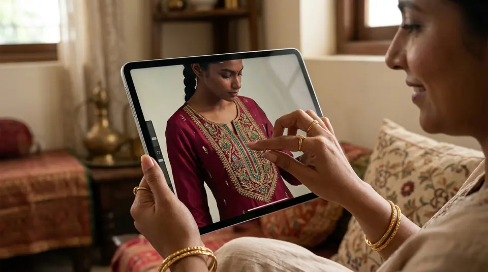 A hand zooming in on a crisp, high-resolution image of an embroidered kurti on a tablet screen.