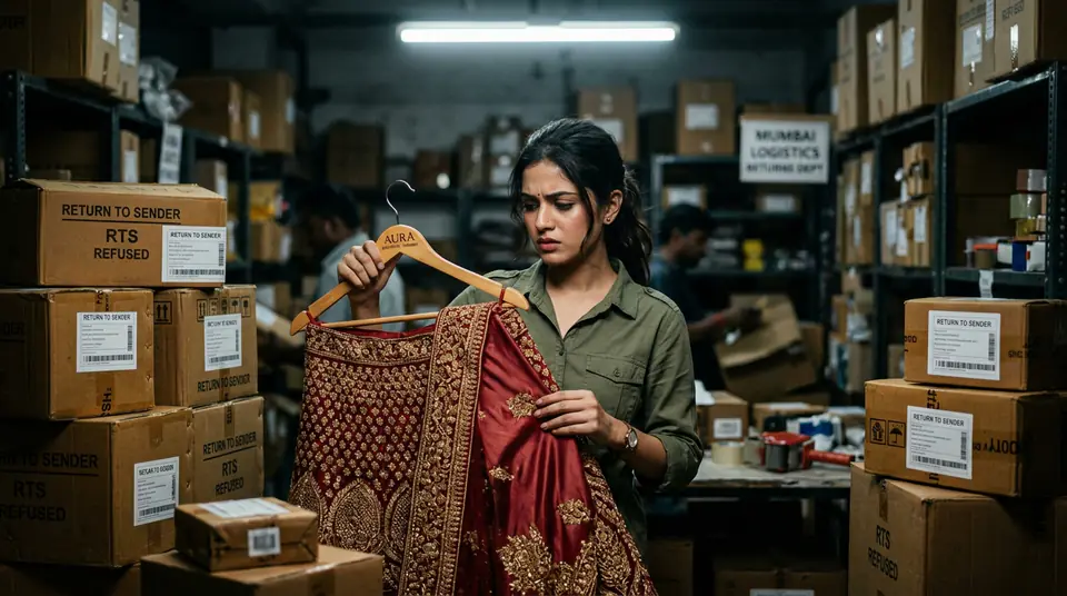 Indian fashion brand owner looking at returned packages, highlighting the high fashion return rate problem in ecommerce.