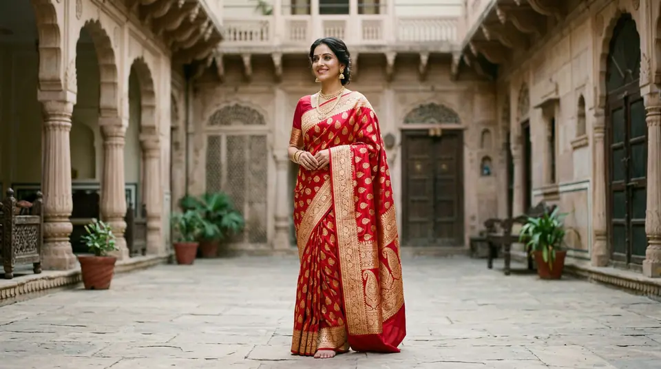 Indian woman wearing a luxurious Banarasi silk saree, showcasing intricate gold zari work, against a heritage Indian courtyard backdrop.