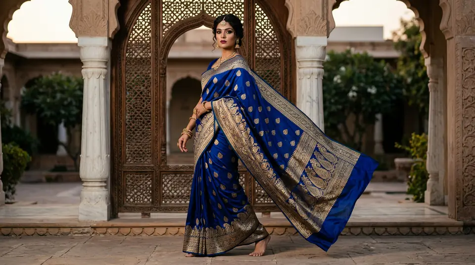 Indian woman confidently modeling a vibrant silk saree with intricate details, showcasing professional saree catalogue photography in a modern setting