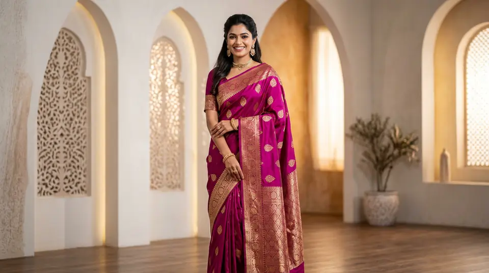 Indian model wearing a vibrant magenta silk saree in an AI-generated modern Indian studio setting, showcasing professional saree catalogue photography.