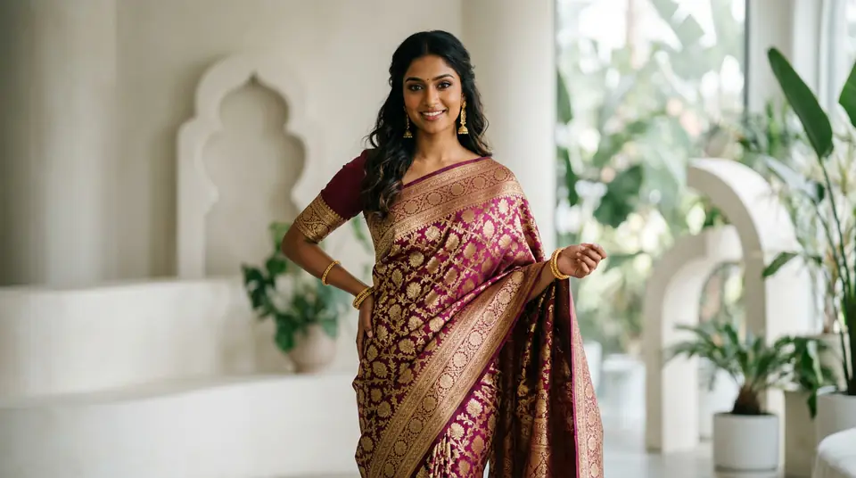 AI-generated editorial photograph of an Indian model showcasing a luxurious Banarasi silk saree, illustrating high-quality saree catalogue photography for e-commerce.