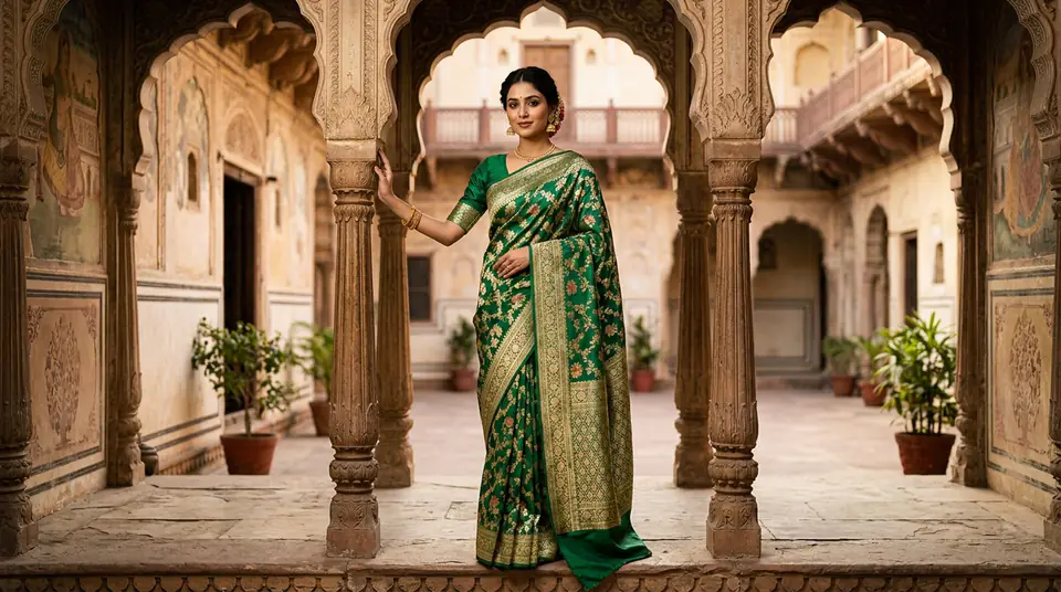 A woman wearing a beautiful silk saree, representing a successful saree brand that has scaled its catalogue photography.
