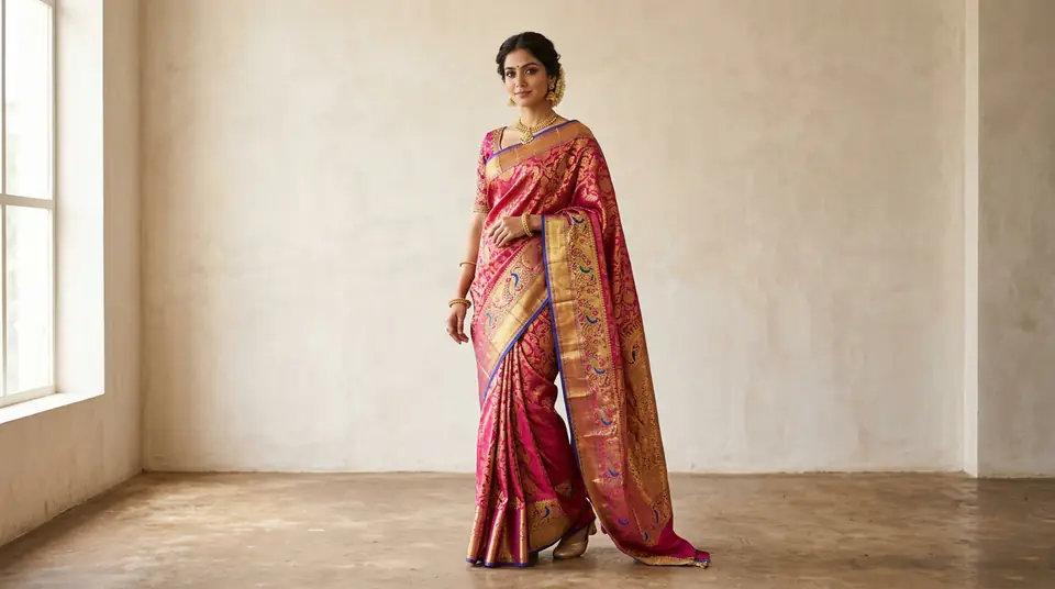 Indian model gracefully showcasing a rich red Kanjivaram silk saree in a studio, highlighting its intricate weave and traditional drape.