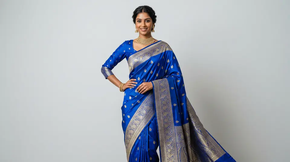 Indian model wearing a blue Banarasi silk saree, showcasing the drape and fabric detail against a clean, modern studio background, highlighting professional saree catalogue photography.