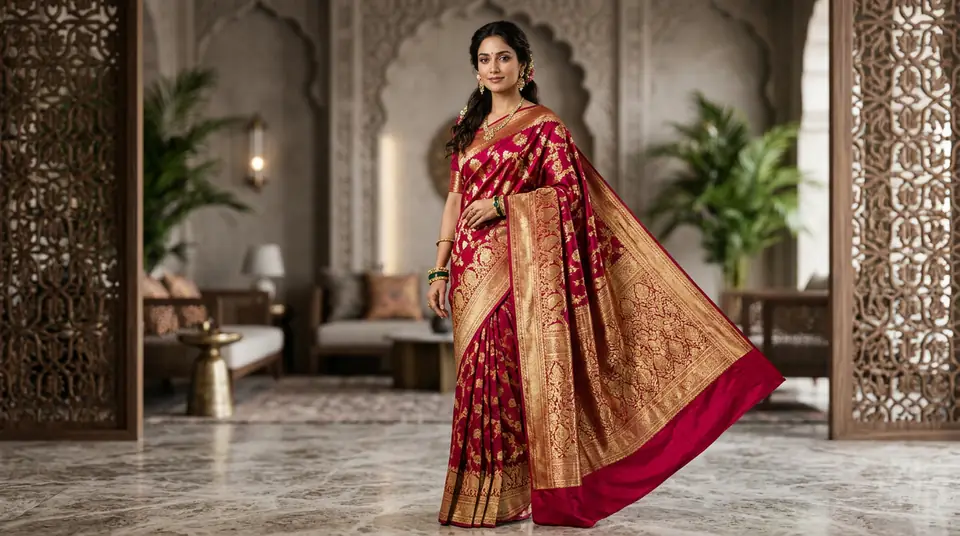 Elegant Indian woman wearing a vibrant Banarasi silk saree, posing in a sophisticated AI-generated virtual studio, showcasing high-quality saree catalogue photography.