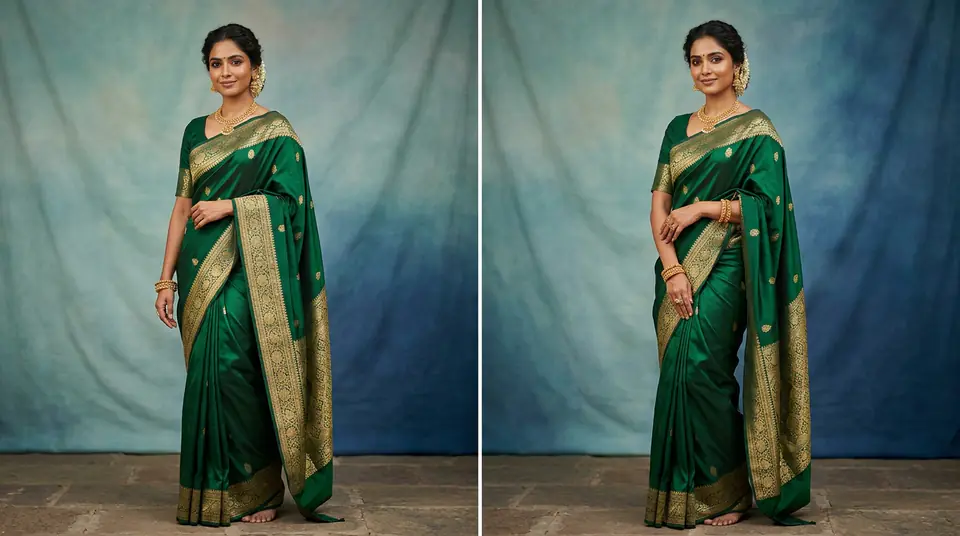 Indian model wearing a beautiful Kanjivaram silk saree, showcasing elegant drape and rich fabric texture for a fashion catalogue.